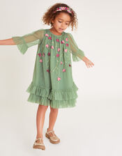 Long Sleeve 3D Petal Trapeze Dress, Green (GREEN), large