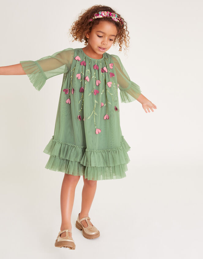 Long Sleeve 3D Petal Trapeze Dress, Green (GREEN), large