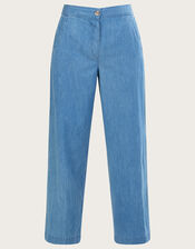 Denim Pull On Crop Trousers in Sustainable Cotton, Blue (BLUE), large