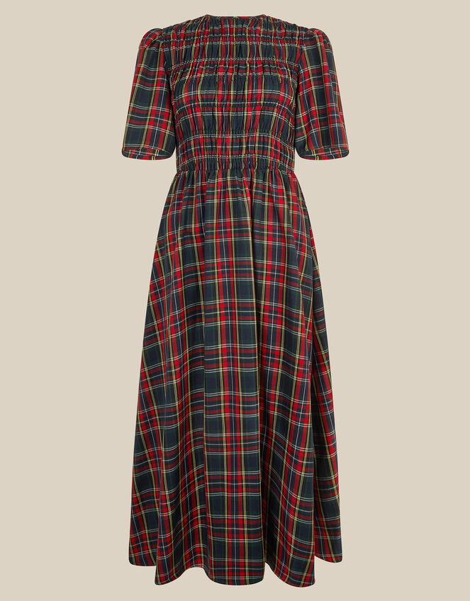 Dottie Short Sleeve Smocked Tartan Midi Dress, Red (RED), large
