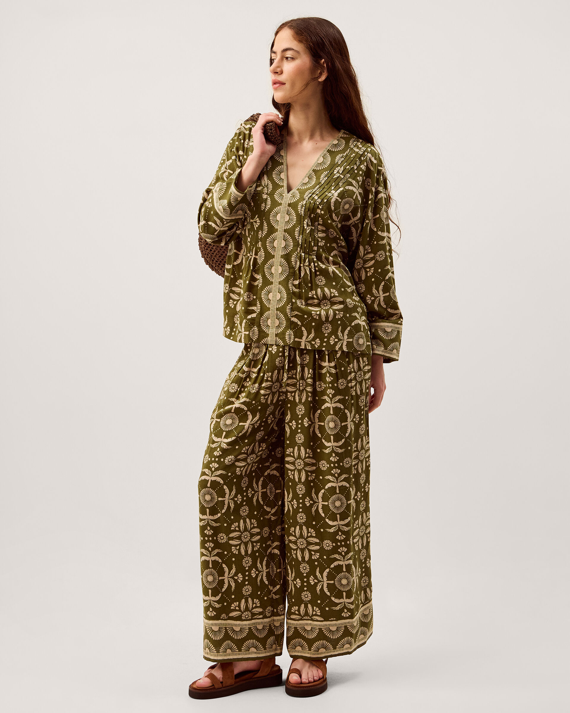 Thalia V-Neck Floral Print Top Green