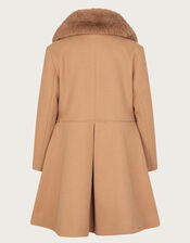 Faux Fur Collar Bow Swing Coat, Camel (CAMEL), large
