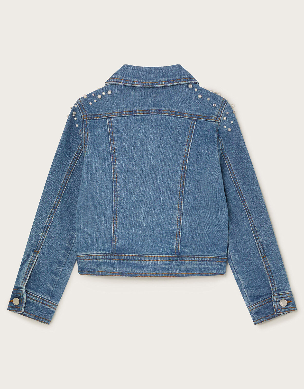 Womens denim jacket with pearls on sale