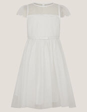 Gracia Embroidered Yoke Tulle Dress, Ivory (IVORY), large