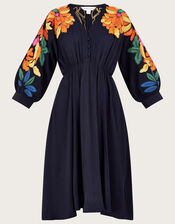 Leaf Embellished Applique Dress in in LENZING™ ECOVERO™, Blue (NAVY), large