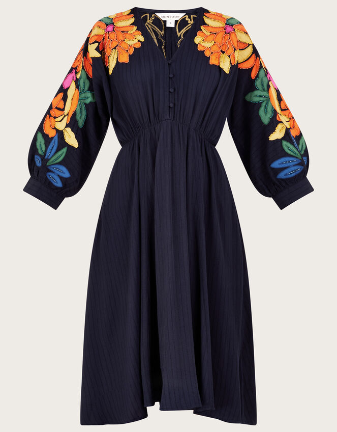 Leaf Embellished Applique Dress in in LENZING™ ECOVERO™, Blue (NAVY), large