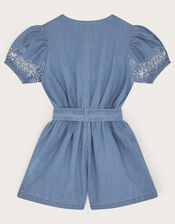 Embroidered Chambray Short Sleeve Playsuit, Blue (BLUE), large