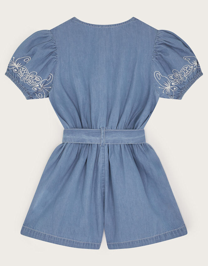 Embroidered Chambray Short Sleeve Playsuit, Blue (BLUE), large