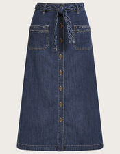 Plait Pocket Denim Midi Skirt in Sustainable Cotton, Blue (DENIM BLUE), large