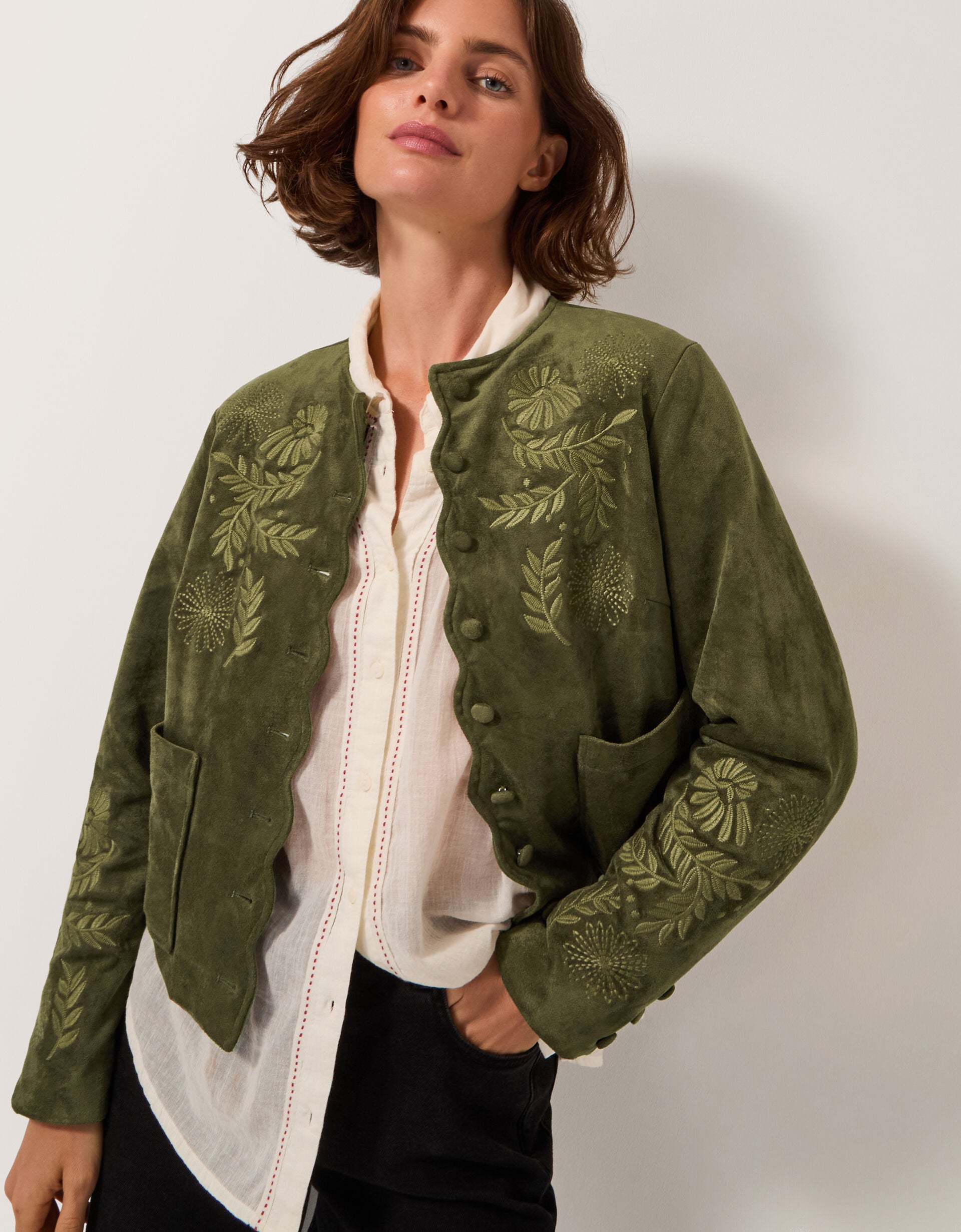 Ari Embroidered Faux Suede Jacket Green | Women's Jackets