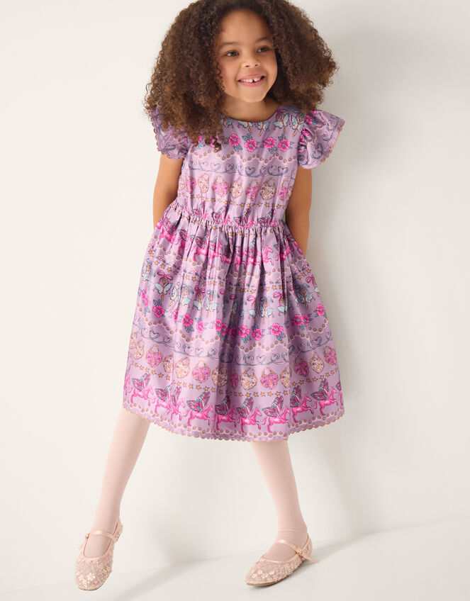 Magical Unicorn Print Satin Dress, Purple (PURPLE), large