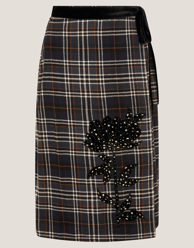 Rue Embellished Tartan Wrap Midi Skirt, Black (BLACK), large
