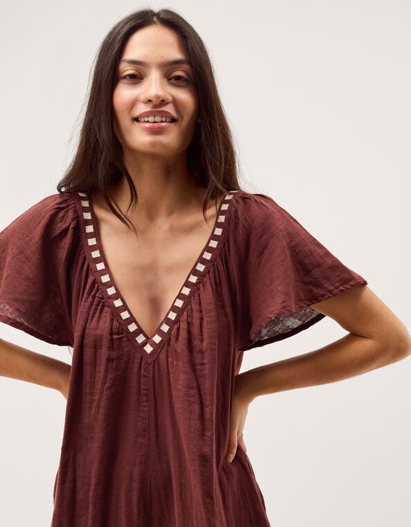 Aurelia Embroidered Cotton Jumpsuit, Brown (BROWN), large