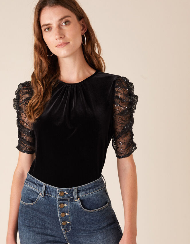 Victoria Sequin Sleeve Stretch Velvet Top, Black (BLACK), large