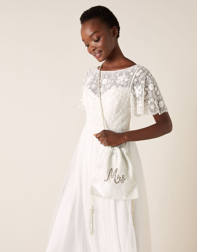 Mrs Beaded Drawstring Bridal Bag, , large