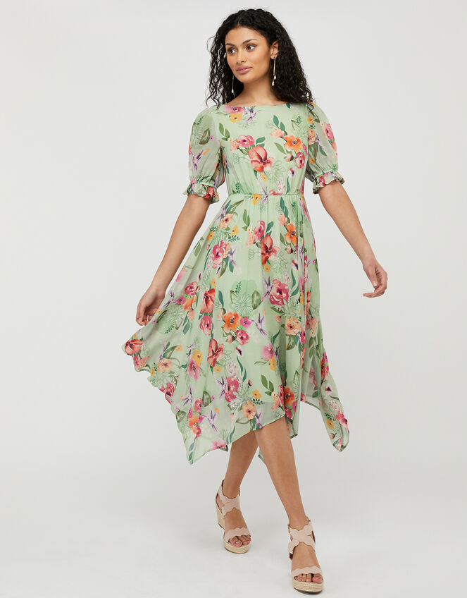 Hermione Floral Hanky Hem Tea Dress Green | Evening Dresses | Monsoon UK.