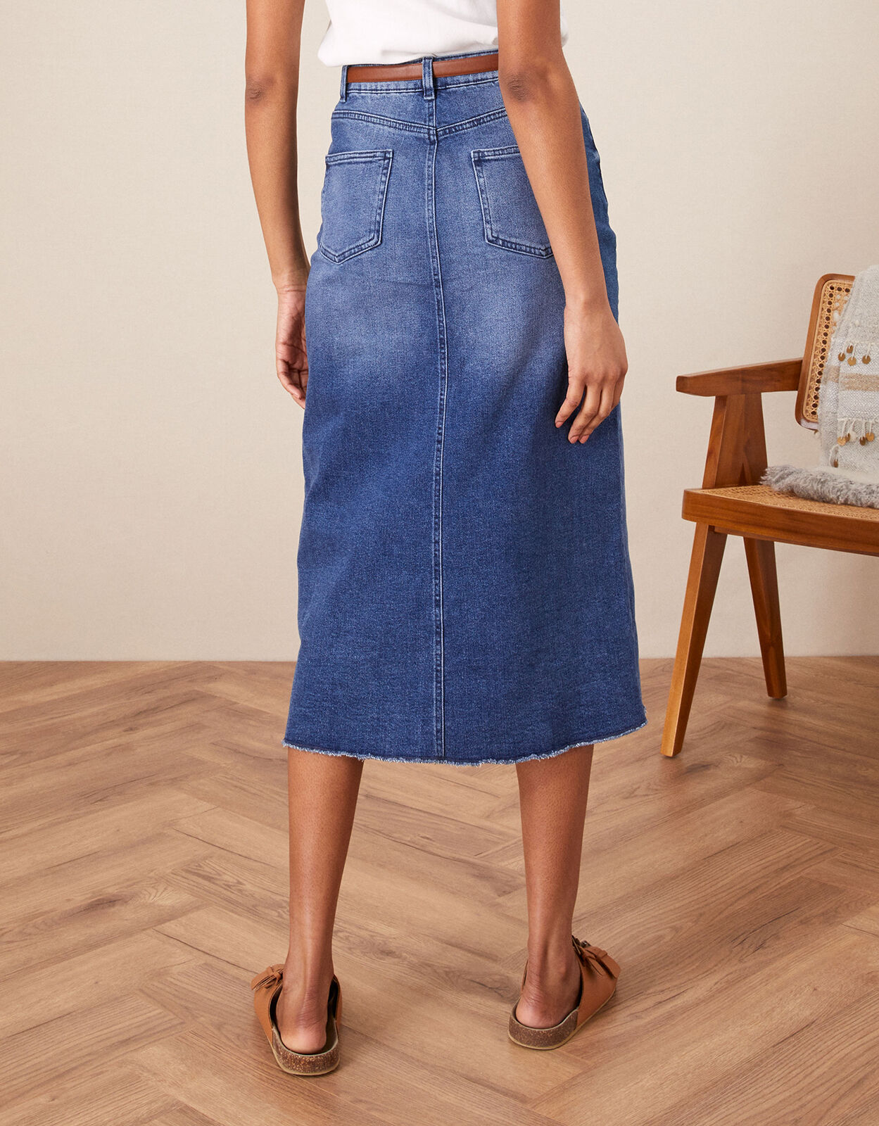 Sasha Denim Split Front Midi Skirt Blue