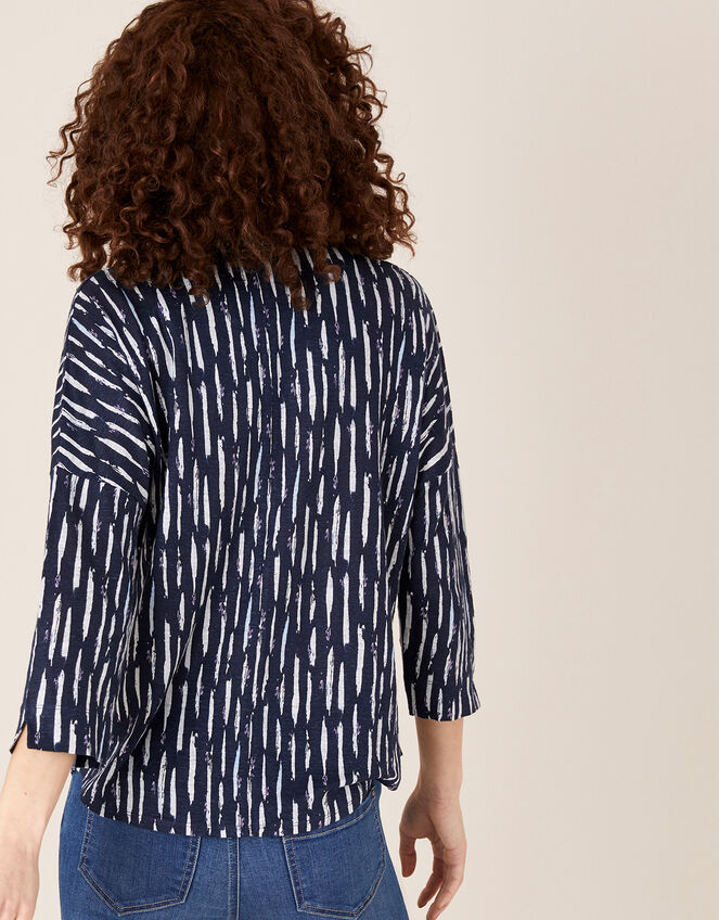 Printed Long Sleeve Top in Pure Linen, Blue (NAVY), large