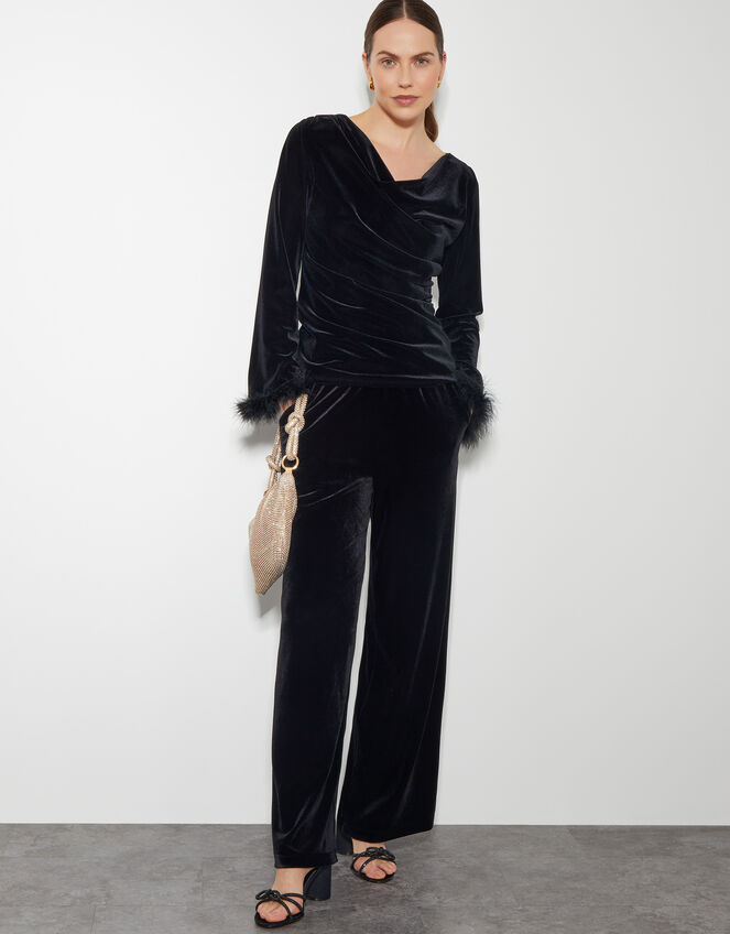 Fay Velvet Feather Sleeve Cowl Top, Black (BLACK), large