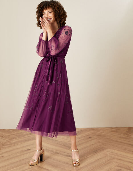 Eva Long Sleeve Midi Dress Purple, Purple (PLUM), large