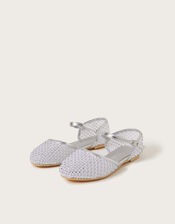 Two-Part Diamante Mesh Ballerina Flats, Silver (SILVER), large