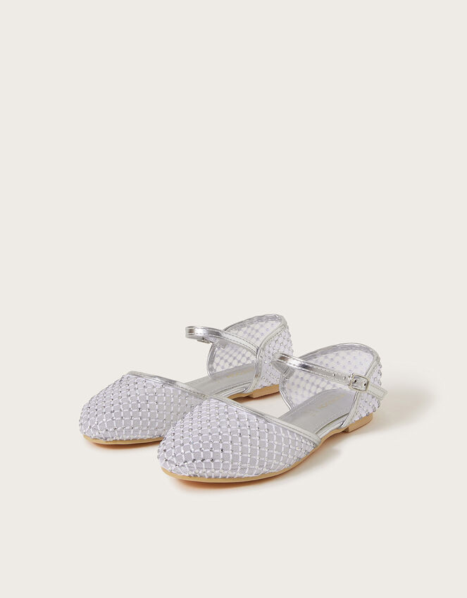 Two-Part Diamante Mesh Ballerina Flats, Silver (SILVER), large