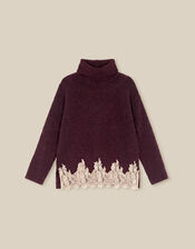 Lana Lace Funnel Neck Jumper, Brown (CHOCOLATE), large