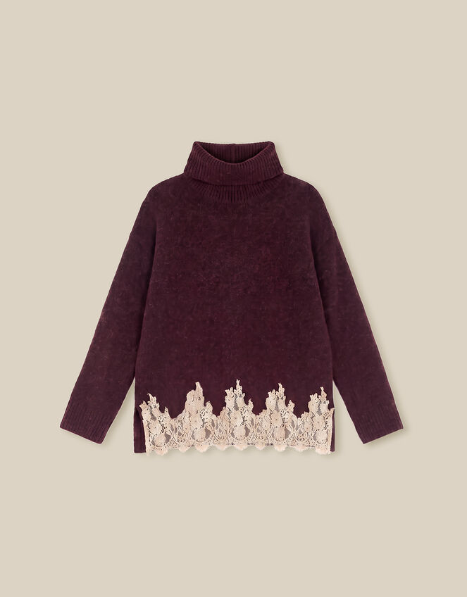 Lana Lace Funnel Neck Jumper, Brown (CHOCOLATE), large