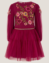 Floral Embroidered Butterfly Disco Dress, Red (BURGUNDY), large