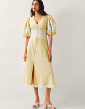 Nancy Applique Puff-Sleeve Midi Dress, Yellow (YELLOW), large