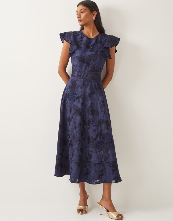 Josie Flutter Sleeve Floral Jacquard Midi Dress Blue | Evening Dresses ...