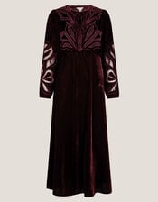 Ezra Embroidered Velvet Midi Dress, Purple (AUBERGINE), large