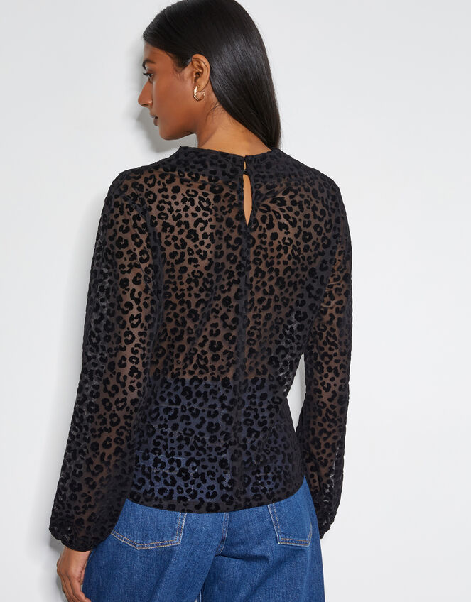 Deb Devoré Leopard Print Sheer Top, Black (BLACK), large