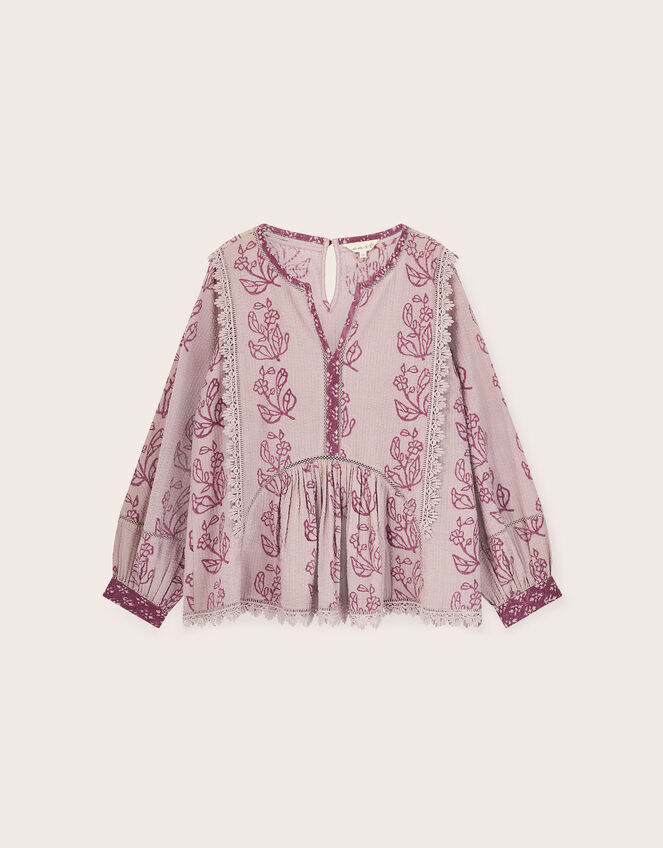 East Reiko Hand-Woodblock Botanical Print Top, Purple (LILAC), large