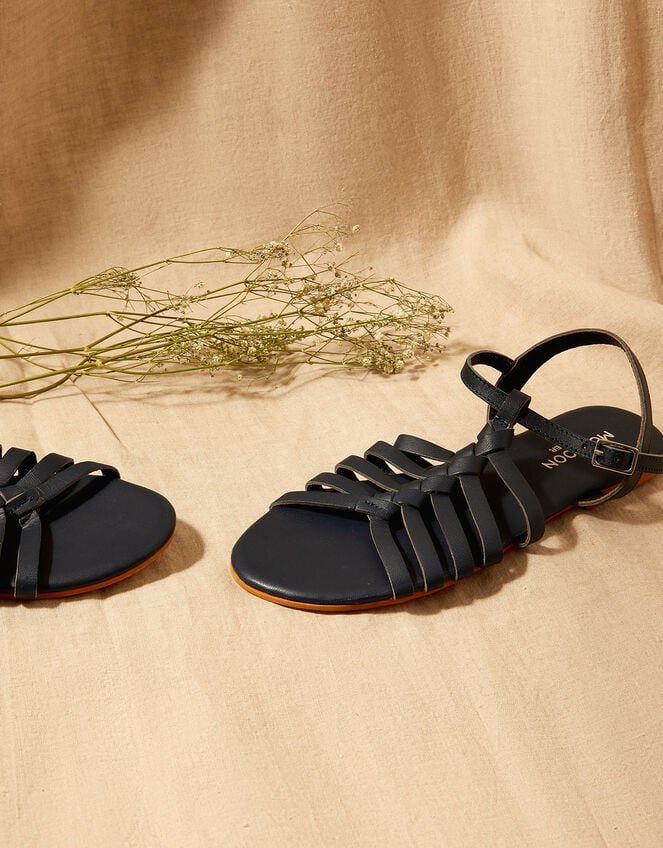 Leather Strap Sandals, Blue (NAVY), large
