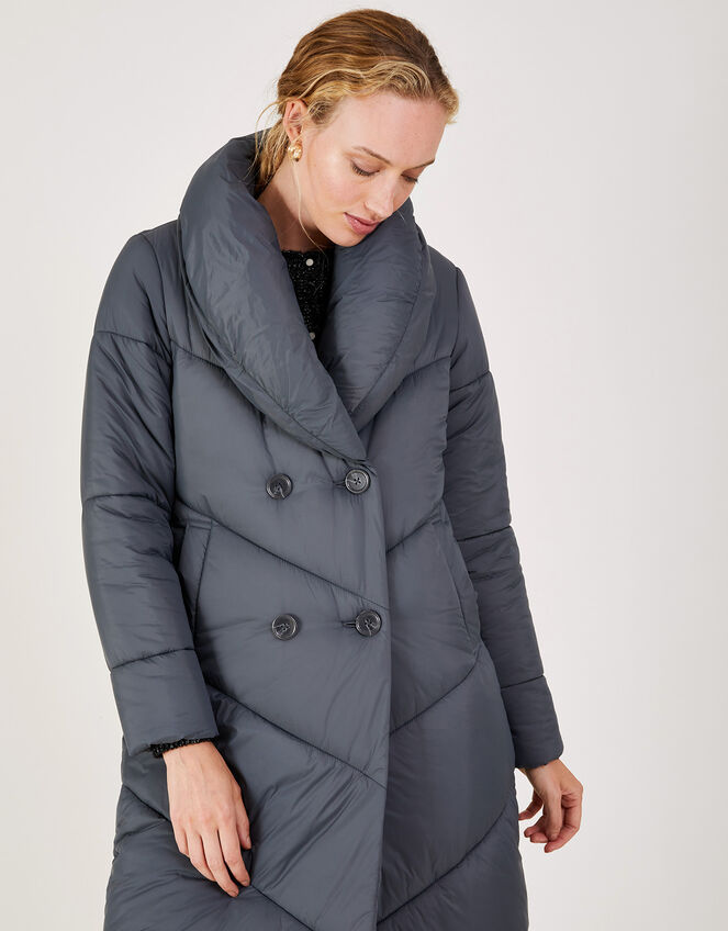 Clara Longline Padded Maxi Coat in Recycled Polyester Grey Women's Coats Monsoon UK.