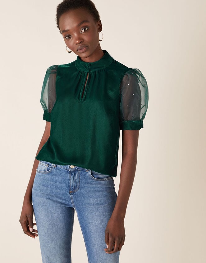 Organza Sleeve Velvet Top, Green (DARK GREEN), large