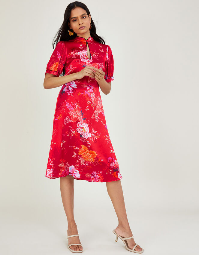 Alijaz Print Satin Short Dress, Red (RED), large