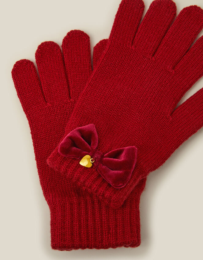 Velvet Bow Beret & Gloves Set, Red (RED), large