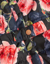 Baby Rose Print Padded Coat with Hood, Blue (NAVY), large