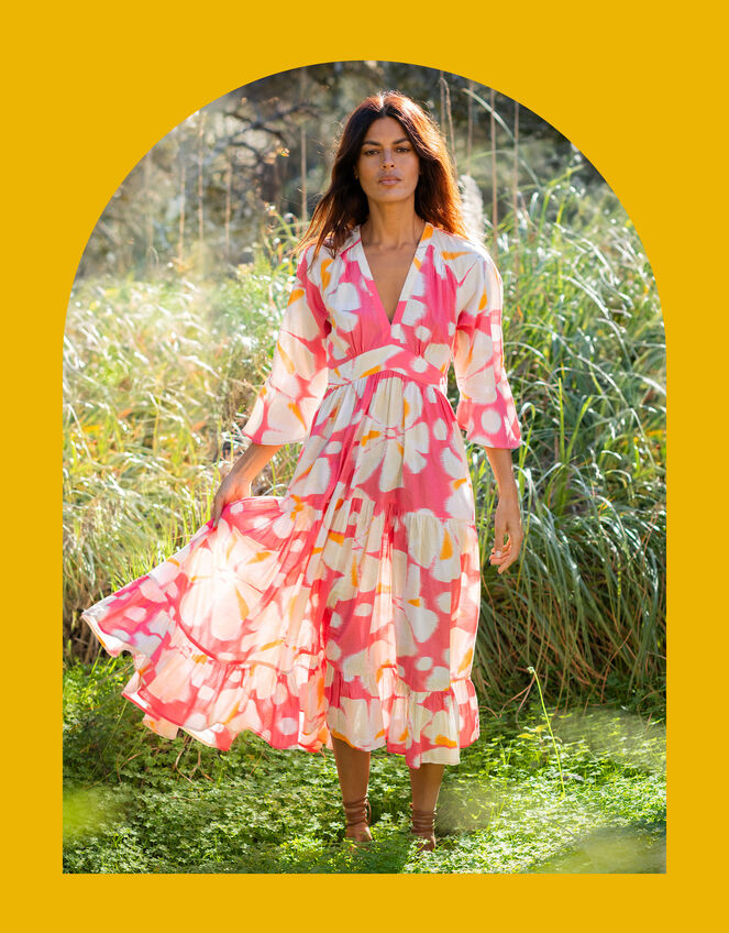 La Galeria Elefante Print Tiered Midi Dress, Orange (ORANGE), large