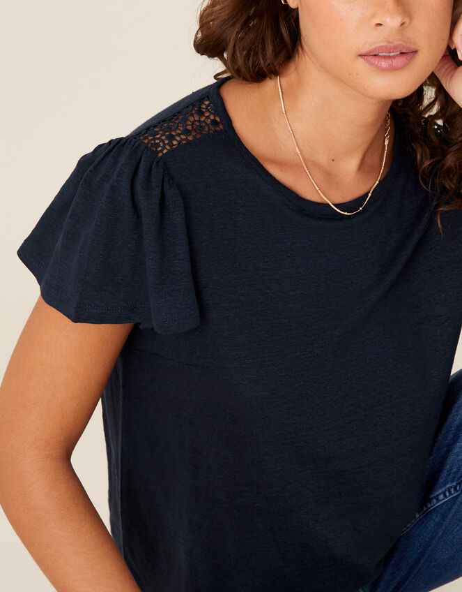 Flutter Sleeve T-Shirt in Pure Linen, Blue (NAVY), large