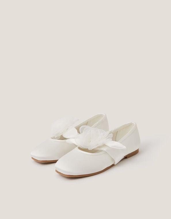 Flower Strap Satin Ballet Flats, Ivory (IVORY), large