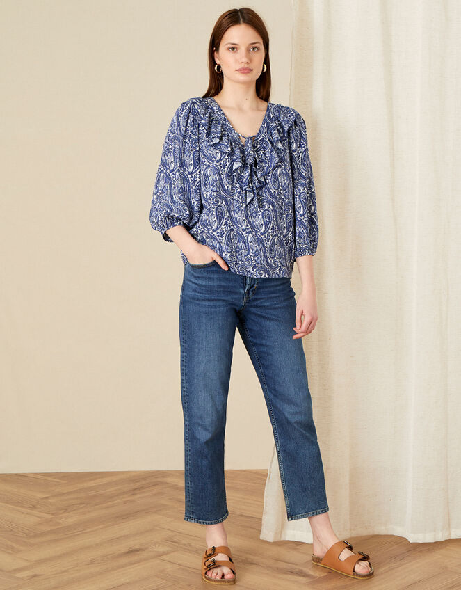 Paisley Ruffle Neck Top, Blue (BLUE), large