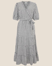 Gingham Wrap Dress in Organic Cotton, Black (BLACK), large