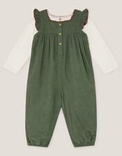 Long Sleeve Top & Floral Corduroy Dungarees Set, Green (GREEN), large