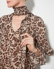 Allegra Pussybow Leopard Print Midi Dress, Brown (BROWN), large