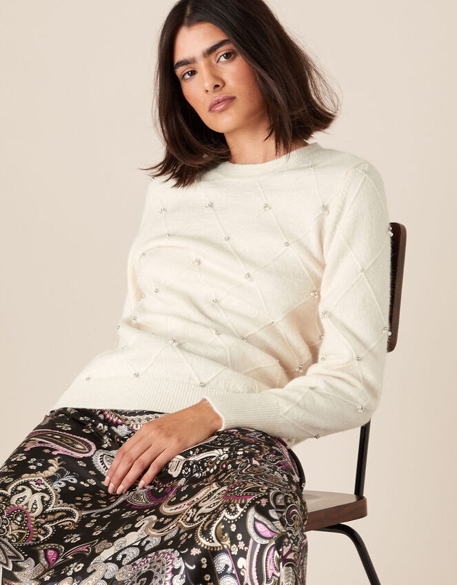 Embellished Diamond Stitch Knit Jumper, Ivory (IVORY), large