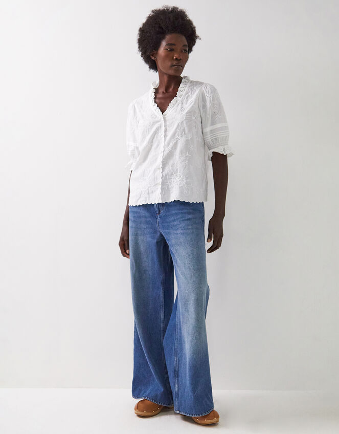 East Bria Broderie Puff Sleeve Top, White (WHITE), large