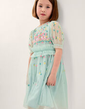 Puff Sleeve Floral Mesh Dress, Blue (BLUE), large